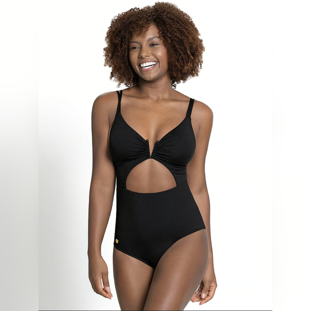 NWOT Leonisa Cut-Out One Piece Swimsuit In Black, Size XL